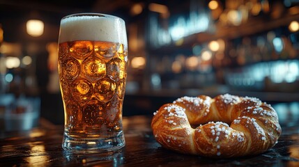 Enjoying beer and soft pretzels in a cozy pub atmosphere during a relaxing evening with friends