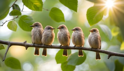 Four Birds on Branch in Sunlight