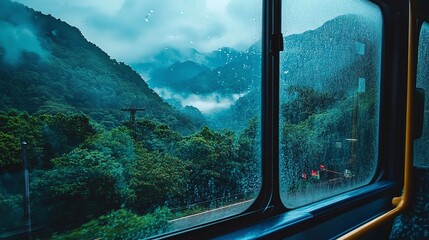 Naklejka premium Scenic view from a train window showcasing lush green mountains and misty valleys in the rain