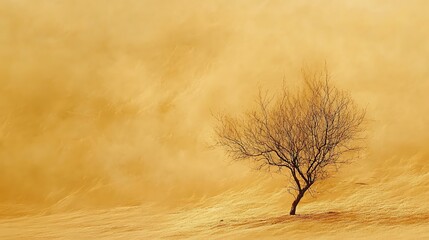 Stark contrast of a single dried tree against golden dunes in an arid land