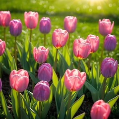 Fototapeta premium Pink Tulips in a Spring Meadow