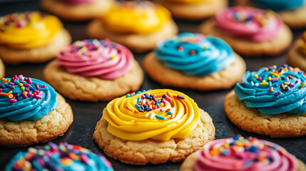 A tray of bright cookies each decorated with vibrant frosting and multi colored sprinkles