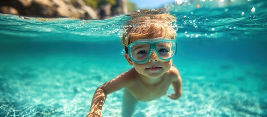Naklejka premium Toddler snorkeling, clear ocean, sunny beach
