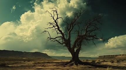 Powerful imagery of a lifeless tree in a sun-scorched desert wasteland