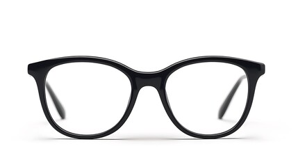 Frontal View of Elegant Black Framed Eyeglasses on a Clean White Surface