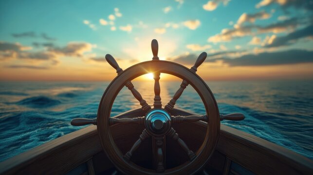 ship wheel on boat with sea and sky. freedom and adventure. direction concept. generative ai.