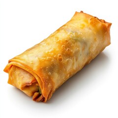 A golden crispy fried spring roll with a crunchy exterior, tender vegetables and meat inside, and a slight golden hue