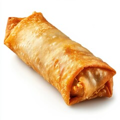 A golden crispy fried spring roll with a crunchy exterior, tender vegetables and meat inside, and a slight golden hue