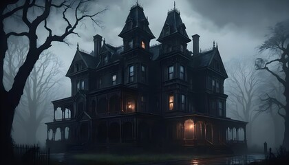 Mysterious Victorian Mansion on a Foggy Night