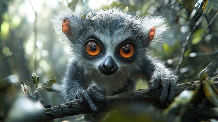 A curious lemur with large, expressive eyes in a lush forest.