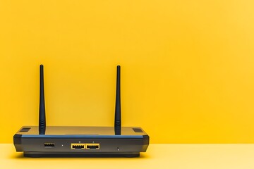 Fototapeta premium Modern black wireless router with two antennas against vibrant yellow seamless backdrop