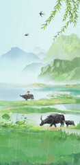 Hand drawn Chinese style ink landscape painting，Spring Landscape Painting