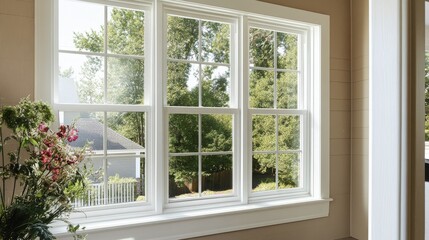 Fototapeta premium Single Hung Vinyl Windows in a House With Vinyl Siding.