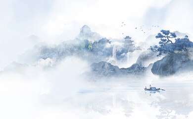 Hand drawn Chinese style ink landscape painting，Spring Landscape Painting