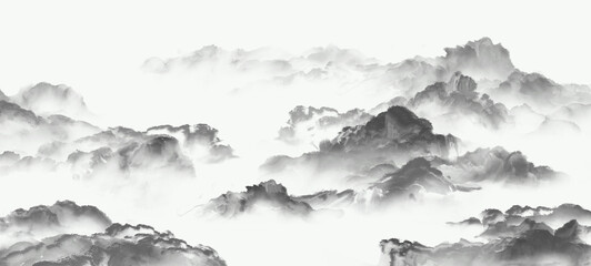 Hand drawn Chinese style ink landscape painting，Spring Landscape Painting