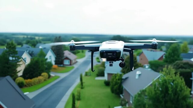Modern camera drone hovering over suburban neighborhood houses. Ideal for surveillance tech, real estate aerials or delivery service concepts video.