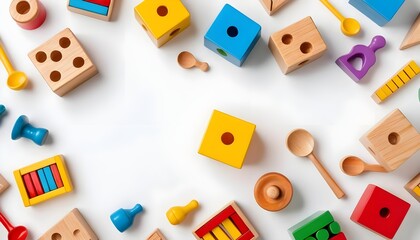 Colorful Wooden Toys Frame on White Background