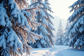 Snow-covered tree branches, winter, evergreen