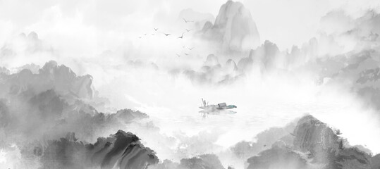 Hand drawn Chinese style ink landscape painting，Spring Landscape Painting