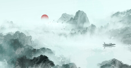 Hand drawn Chinese style ink landscape painting，Spring Landscape Painting