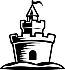 Obraz premium Stylized black and white castle vector with flag, representing strength and power