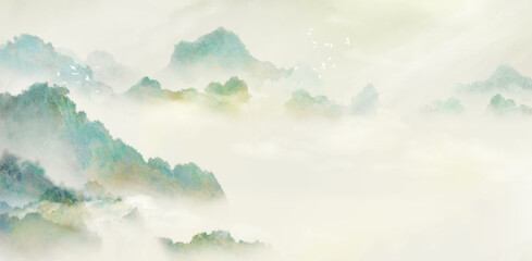 Hand drawn Chinese style ink landscape painting，Spring Landscape Painting