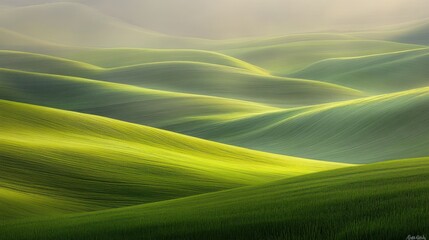 Rolling green hills softly lit by a warm diffused sunlight