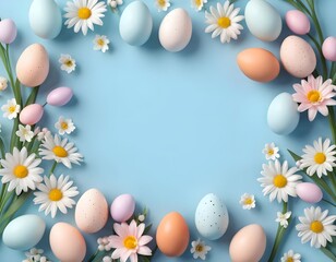 Pastel Easter Eggs and Daisies on Blue Background