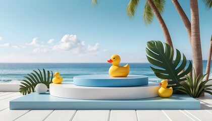 Summer Beach Scene with Rubber Ducks on Display