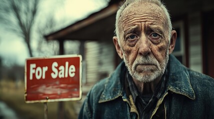 Elderly man in front of a for-sale sign