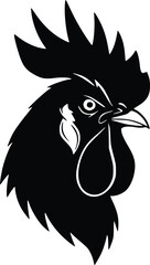 Obraz premium Black and white silhouette illustration of a rooster's head with detailed feathers and a prominent comb