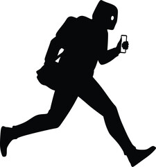 Silhouette of a person running while holding a smartphone, symbolizing urgency and modern connectivity