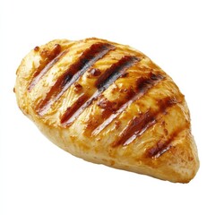 A juicy tender grilled chicken breast with golden brown char marks, isolated white background, hyperrealism art style