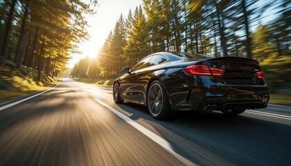 Fototapeta premium Dynamic Car Driving on Scenic Road at Sunset
