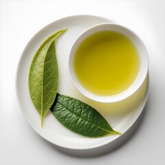 Cup of Green Tea with Fresh Leaves