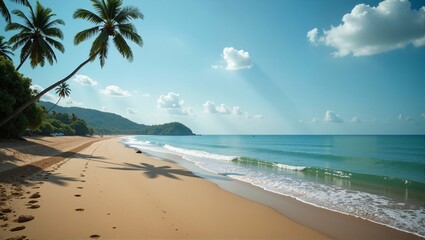 Tropical beach scenes in India Goa with footprints in sand, palm trees, hills, clouds. Concept of tropical beach scenes in India Goa, calm landscape beauty.