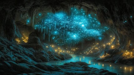 Illuminated cave featuring glowing lights and a serene reflective waterway