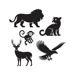  Various animal silhouettes including a lion, monkey, deer, eagle, and lioness, perfect for wildlife, nature, and safari-themed designs.