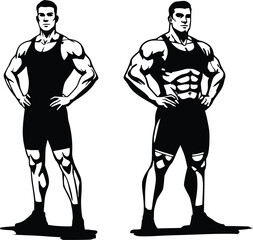 Black and white silhouette of two muscular men standing confidently with hands on hips, symbolizing strength and athleticism