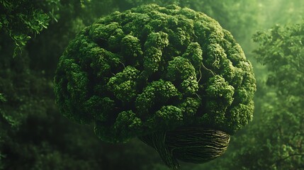 Mindful and sustainable living represented by a brain enveloped in rich green tree elements