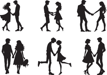 Collection of Romantic Couple Silhouettes, Diverse Poses and Styles for Design Projects,  Perfect for Valentine's Day or Wedding Invitations, showcasing affection and togetherness.