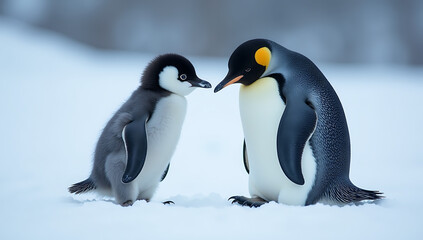 Obraz premium Penguin Parent and Chick Bonding in a Snowy Landscape