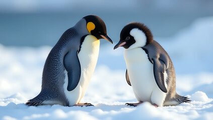 Fototapeta premium Adult and Baby Penguin Standing Together in Snow