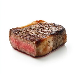 A perfectly cooked medium rare steak with a seared crust and tender pink interior, isolated white background, hyperrealism art style