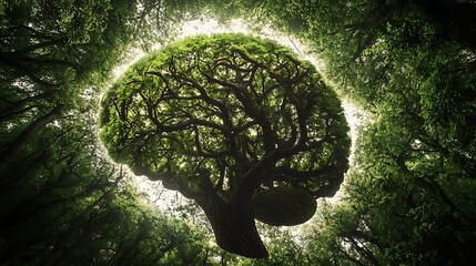 Nature conservation and mindful living visualized through a brain interwoven with trees