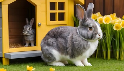 Grey Rabbit in Yellow Hutch with Daffodils