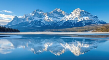 Snow capped mountains reflecting perfectly in a tranquil body of water