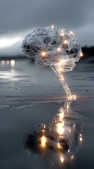 Obraz premium Brain's brilliance: A surreal vision of a glowing brain reflects in water, symbolizing insight, innovation, and the power of the mind.
