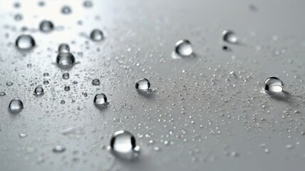 Design an image showing many water droplets scattered on a smooth surface.