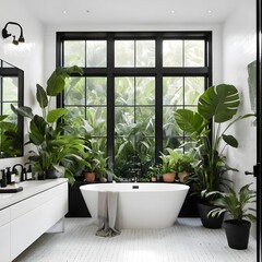 Luxurious Modern Bathroom with Abundant Greenery and Freestanding Tub